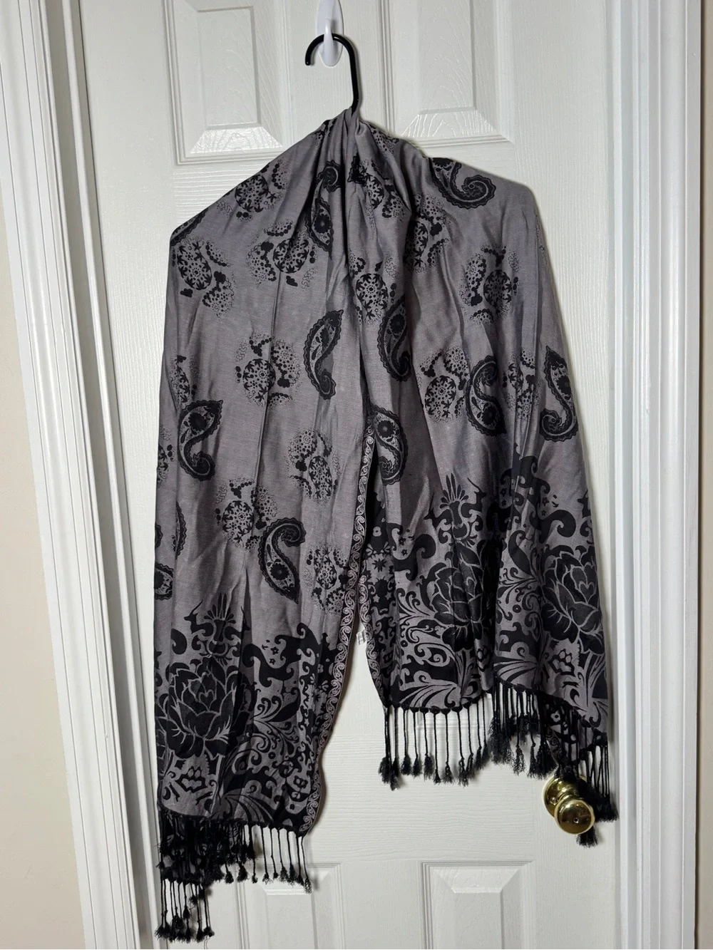 Oversized Grey & Black Paisley Pashmina Shawl Scarf Wrap Fringe 72